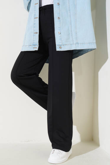 Çımalı Bel Lastikli Geniş Paça Pantolon Siyah - Pantolon