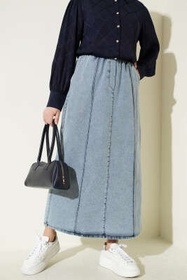 Çımalı Beli Lastikli Kot Etek Açık Mavi - MUSTİ