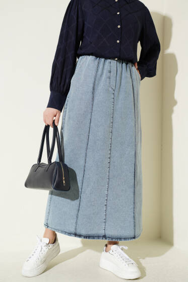 Çımalı Beli Lastikli Kot Etek Açık Mavi - Etek