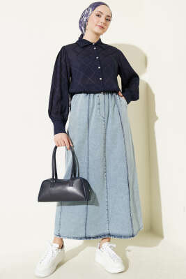 Çımalı Beli Lastikli Kot Etek Açık Mavi - Etek