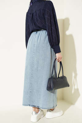 Çımalı Beli Lastikli Kot Etek Açık Mavi - Etek