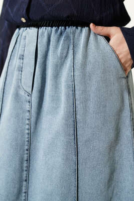 Çımalı Beli Lastikli Kot Etek Açık Mavi - Etek