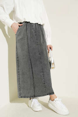 Çımalı Beli Lastikli Kot Etek Füme - MUSTİ