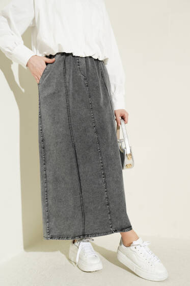 Çımalı Beli Lastikli Kot Etek Füme - Etek