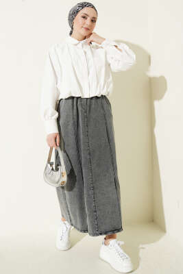 Çımalı Beli Lastikli Kot Etek Füme - Etek