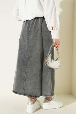 Çımalı Beli Lastikli Kot Etek Füme - Etek