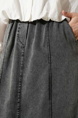 Çımalı Beli Lastikli Kot Etek Füme - Etek