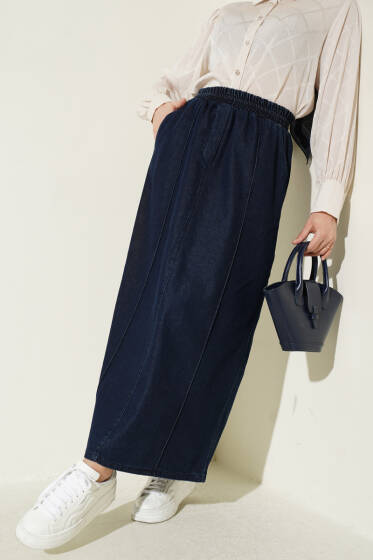 Çımalı Beli Lastikli Kot Etek Lacivert - Etek