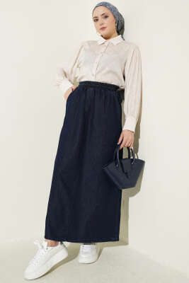 Çımalı Beli Lastikli Kot Etek Lacivert - Etek