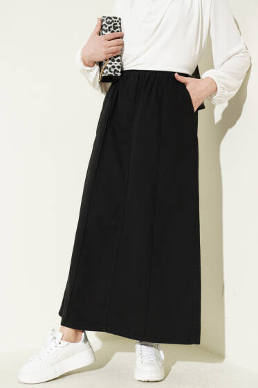 Çımalı Beli Lastikli Kot Etek Siyah - Etek