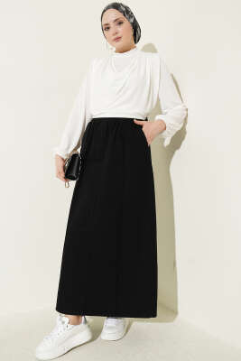 Çımalı Beli Lastikli Kot Etek Siyah - Etek