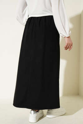 Çımalı Beli Lastikli Kot Etek Siyah - Etek