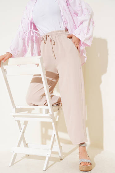 Çımalı Belinden Bağlamalı Pantolon Bej - Pantolon