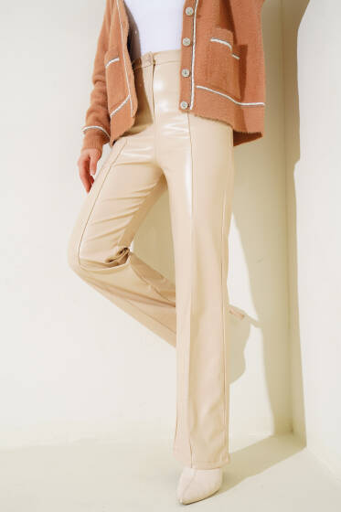 Çımalı Bol Paça Deri Pantolon Bej - Pantolon