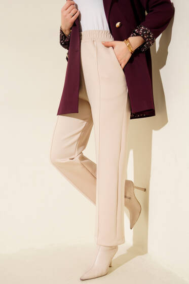 Çımalı Boru Paça Scuba Pantolon Bej - Pantolon