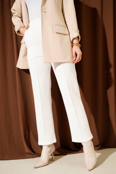 Çımalı Boru Paça Scuba Pantolon Beyaz - Yılın Fırsatı