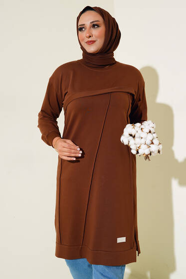 Çımalı Büyük Beden Tunik Kahve - Tunik