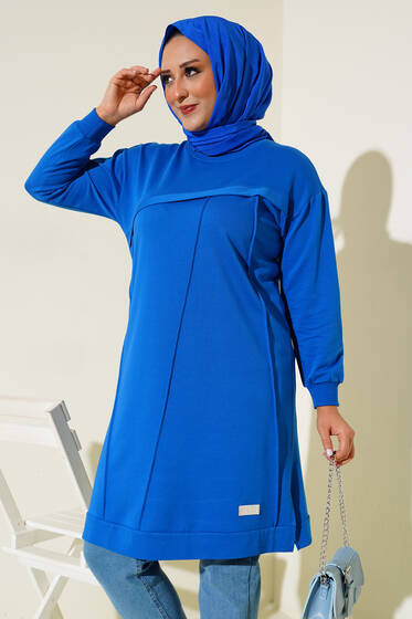 Çımalı Büyük Beden Tunik Saks - Tunik