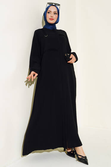 Çımalı Fermuarlı Ferace Siyah - Ferace