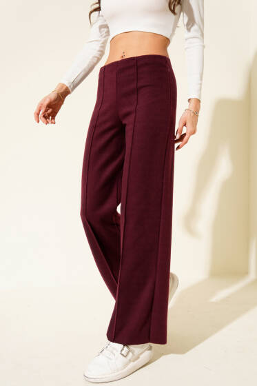 Çımalı Geniş Paça Kaşe Pantolon Bordo - Kadın Giyim Modelleri