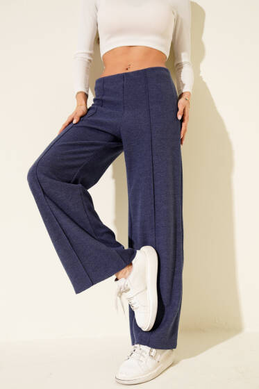 Çımalı Geniş Paça Kaşe Pantolon İndigo - Kadın Giyim Modelleri
