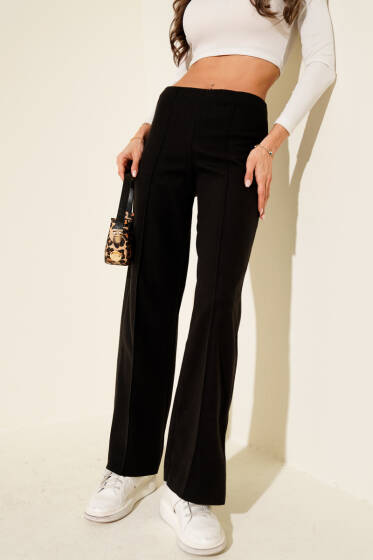 Çımalı Geniş Paça Kaşe Pantolon Siyah - Kadın Giyim Modelleri
