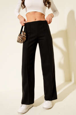 Çımalı Geniş Paça Kaşe Pantolon Siyah - Kadın Giyim Modelleri