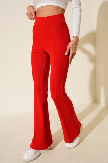 Çımalı İspanyol Paça Pantolon Kırmızı - Kadın Giyim Modelleri