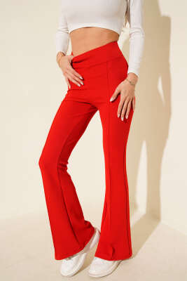 Çımalı İspanyol Paça Pantolon Kırmızı - Kadın Giyim Modelleri
