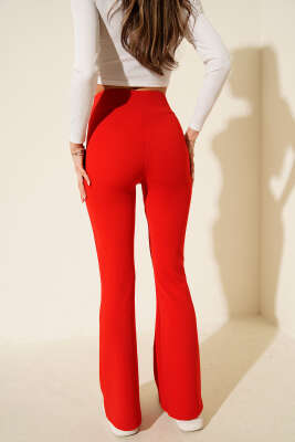 Çımalı İspanyol Paça Pantolon Kırmızı - Kadın Giyim Modelleri
