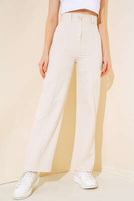 Çımalı Keten Pantolon Bej - Kumaş Pantolon