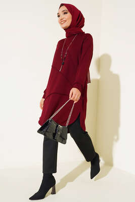 Çimalı Kolye Detay Tunik Bordo - Tunik