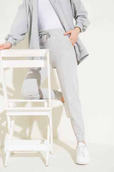 Çımalı Paça Lastikli Jogger Pantolon Gri - Pantolon