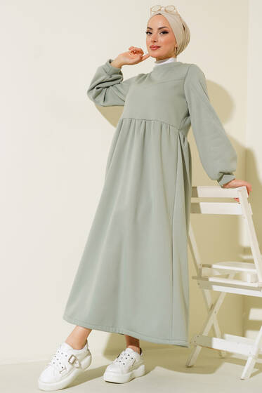 Çımalı Pileli Elbise Çağla Yeşili - Tesettür Elbise