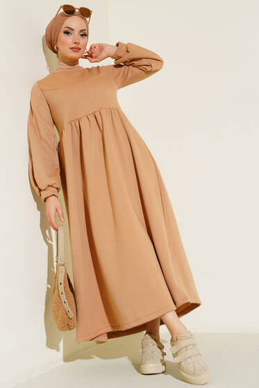 Çımalı Pileli Elbise Camel - Tesettür Elbise