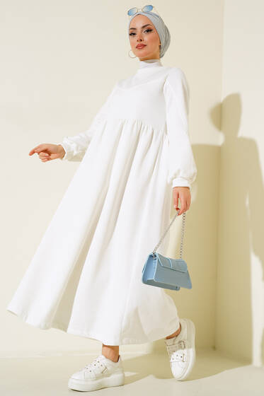 Çımalı Pileli Elbise Ekru - Tesettür Elbise