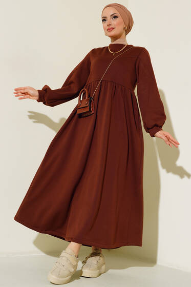 Çımalı Pileli Elbise Kahve - Tesettür Elbise