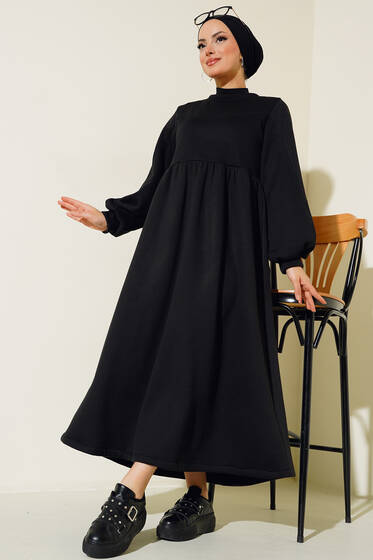 Çımalı Pileli Elbise Siyah - Tesettür Elbise