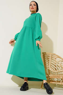 Çımalı Pileli Elbise Yeşil - Thumbnail