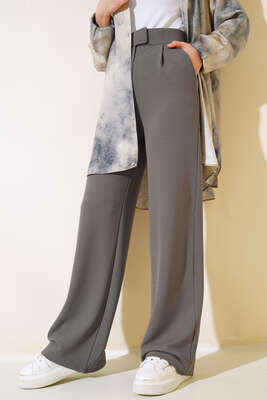 Cırtcırtlı Bol Paça Pantolon Gri - Kumaş Pantolon