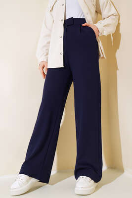 Cırtcırtlı Bol Paça Pantolon Lacivert - Kumaş Pantolon