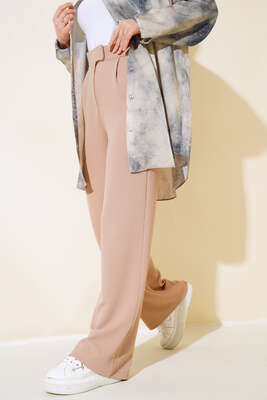 Cırtcırtlı Bol Paça Pantolon Latte - Kumaş Pantolon