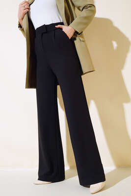 Cırtcırtlı Bol Paça Pantolon Siyah 