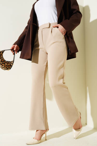 Cırtcırtlı Tek Pile Pantolon Bej - Pantolon