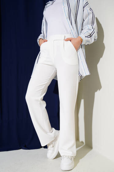 Cırtlı Palazzo Pantolon Beyaz - Pantolon
