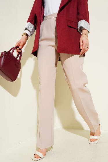 Cırtlı Pileli Bol Paça Pantolon Bej - Pantolon