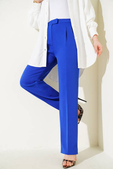 Cırtlı Pileli Bol Paça Pantolon Saks - Pantolon