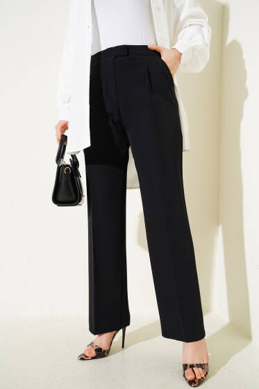 Cırtlı Pileli Bol Paça Pantolon Siyah - Pantolon