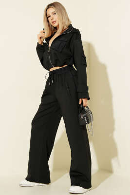 Çıtçıt Cepli Crop Hırkalı Scuba Takım Siyah - DİVON