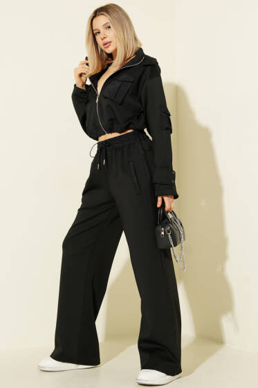 Çıtçıt Cepli Crop Hırkalı Scuba Takım Siyah - Kadın Giyim Modelleri